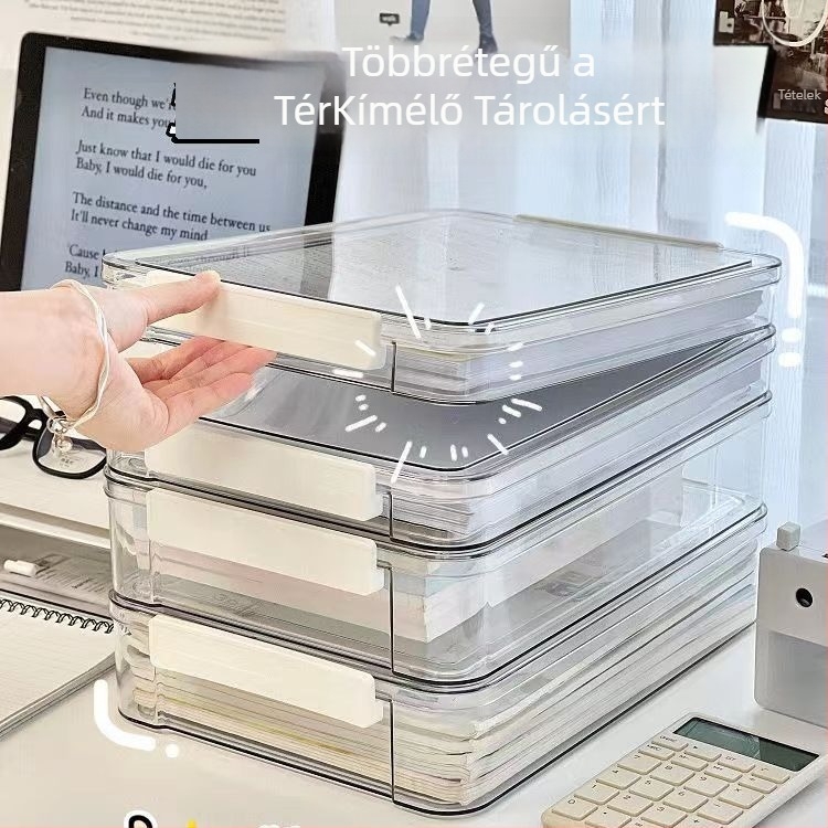 A4-es dokumentumok tároló doboza PET-ből, fedél és záró, 2 literes kapacitás, modern, minimalist design, logó nyomtatás elérhető, modell opciók: rövid vagy magas stílus