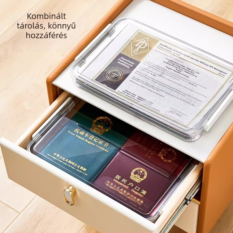 A4-es dokumentumok tároló doboza PET-ből, fedél és záró, 2 literes kapacitás, modern, minimalist design, logó nyomtatás elérhető, modell opciók: rövid vagy magas stílus