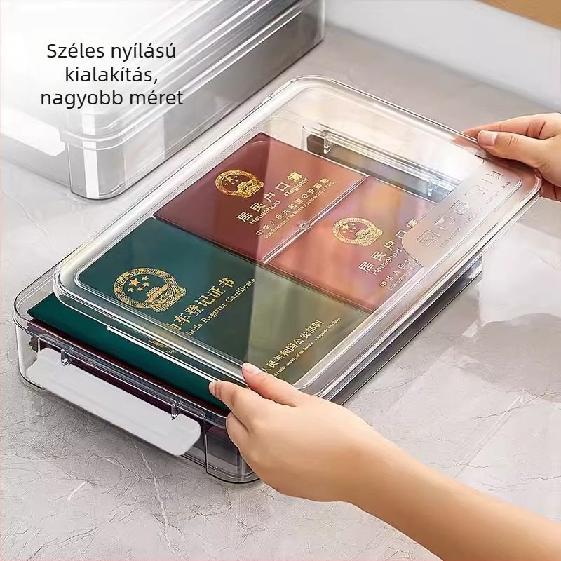 A4-es dokumentumok tároló doboza PET-ből, fedél és záró, 2 literes kapacitás, modern, minimalist design, logó nyomtatás elérhető, modell opciók: rövid vagy magas stílus