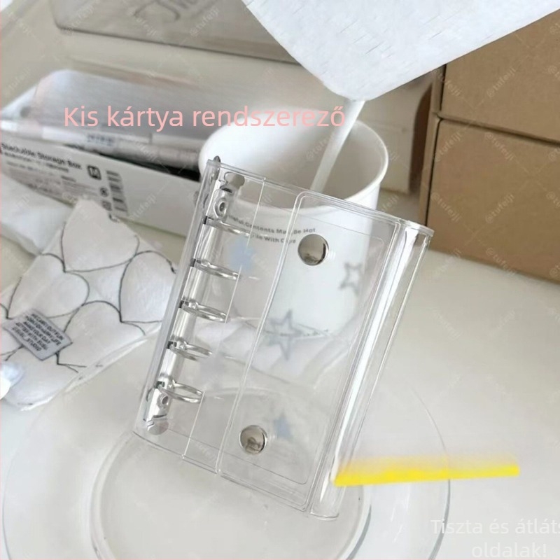 Koreai stílusú notesz laza lapokkal, átlátszó glitteres borítóval és kártyatartó rekesszel, méret M5
