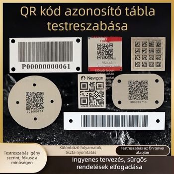 Egyedi fémtáblák rozsdamentes acélból, korrózióálló, berendezés feliratok lézeres gravírozással és QR-kóddal