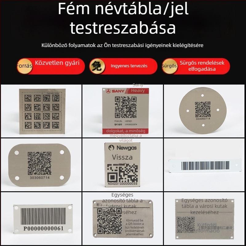 Egyedi fémtáblák rozsdamentes acélból, korrózióálló, berendezés feliratok lézeres gravírozással és QR-kóddal