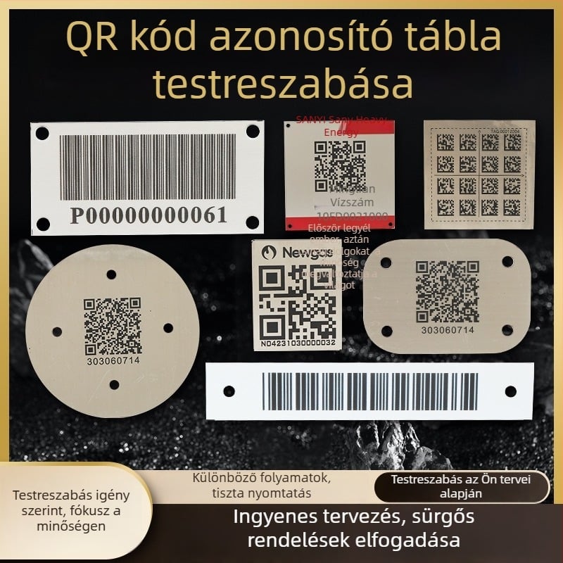 Egyedi fémtáblák rozsdamentes acélból, korrózióálló, berendezés feliratok lézeres gravírozással és QR-kóddal