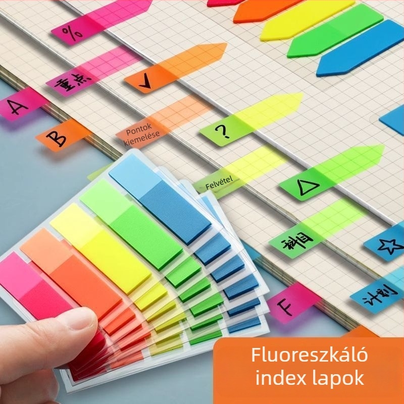 Igaz színű index címke matricák, fluoreszkáló színű ragasztó jegyzetek, írható markerok, átlátszó jelzőoldalak tanulók számára