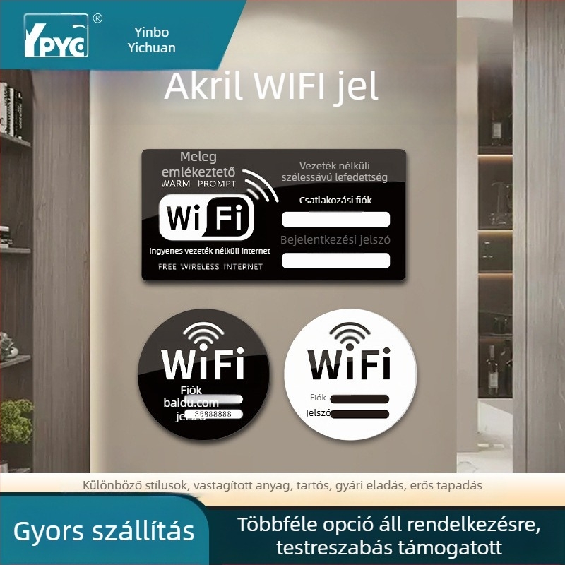 WiFi akril jelzőtábla – vezeték nélküli internet, szállodák és kávézók falára