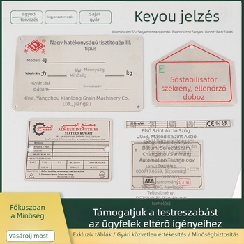 Egyedi fém névtábla ipari berendezésekhez, szitanyomás és gravírozás UV azonosításhoz