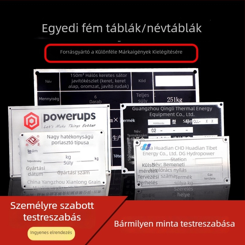 Egyedi fém névtábla ipari berendezésekhez, szitanyomás és gravírozás UV azonosításhoz