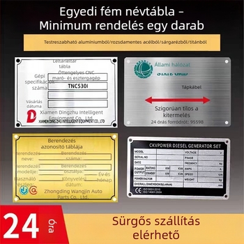 Egyedi fémnévtáblák gépészeti berendezésekhez, alumínium és rozsdamentes acél, UV-szitanyomtatás, elektromos és figyelmeztető táblák