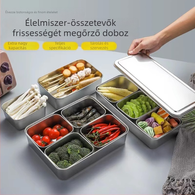 Rozsdamentes acél frissesség tartó fedővel, négyszögletes, 500 ml, légmentesen záródó, egy rétegű, dumplings és gyümölcs számára, hűtőbe és fagyasztóba