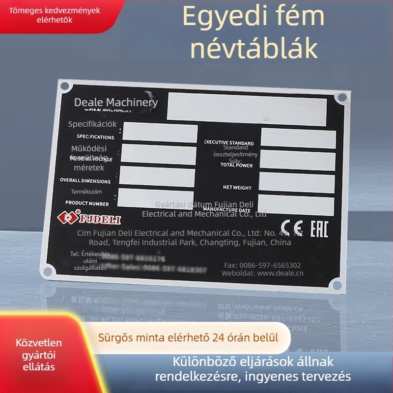 Ipari berendezésekhez készült fém névtáblák, alumíniumra szitanyomással és rozsdamentes acélból