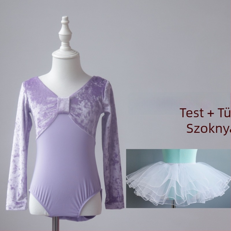 Lányoknak szóló bársonyos hosszú ujjú balett gyakorló felső, 76% nylon, puha felületkezelés, hercegnő stílus