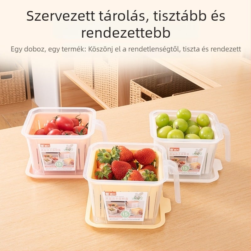 Kétszintes csepegtetős zöldségtároló hagyma, fokhagyma és gyömbér számára - 1-2 L, műanyag, négyszögletes