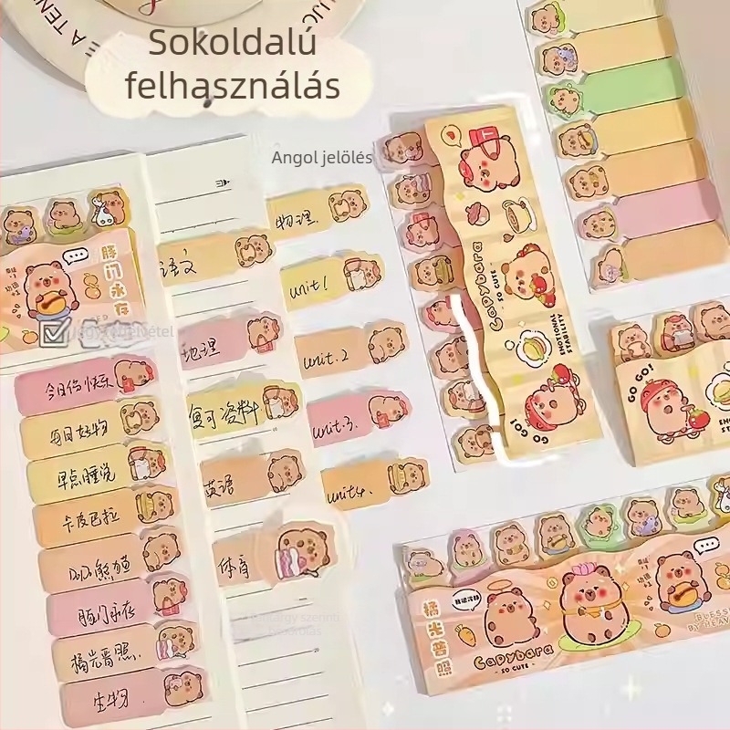 Rajzfilmszereplős kapibara ragasztós jegyzetek — testreszabható, kézírásos címkékkel osztálytermi üzenetekhez