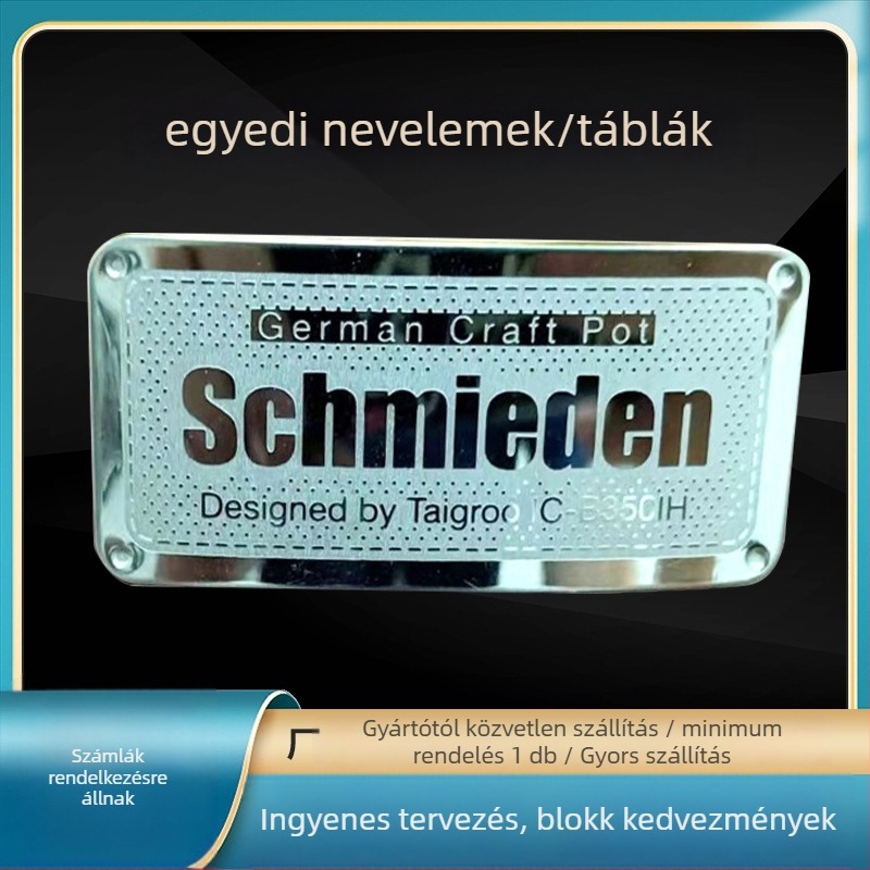 Egyedi fém táblák és névtáblák — rozsdamentes acél és alumínium, szitanyomás vagy gravírozás, sokoldalú jelzések biztonságra, járművekre és bútorokra