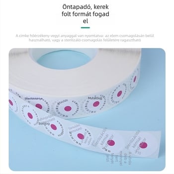 Kerek etilen-oxid sterilizációs indikátor címke, kétnyelvű verzió, pirosról kékre színváltozás, öntapadó