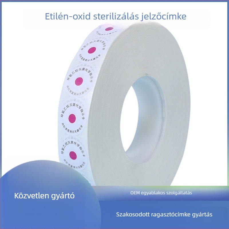 Kerek etilen-oxid sterilizációs indikátor címke, kétnyelvű verzió, pirosról kékre színváltozás, öntapadó