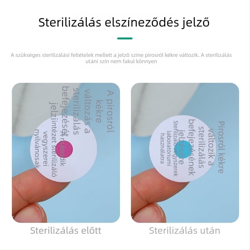 Kerek etilen-oxid sterilizációs indikátor címke, kétnyelvű verzió, pirosról kékre színváltozás, öntapadó