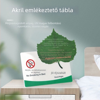 Akril levél alakú hotel szobai jelzés UV nyomtatással – figyelmeztetés: Ne dohányozzon az ágyban; Márka Flying Snow Man