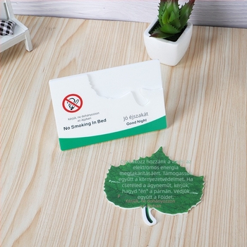 Akril levél alakú hotel szobai jelzés UV nyomtatással – figyelmeztetés: Ne dohányozzon az ágyban; Márka Flying Snow Man