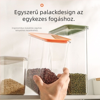 Négyzetes műanyag tárolóedény gabonák és liszt tárolására, rovarmentes, nedvességálló, kapacitás 1–2 L