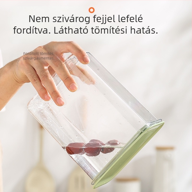 Négyzetes műanyag tárolóedény gabonák és liszt tárolására, rovarmentes, nedvességálló, kapacitás 1–2 L
