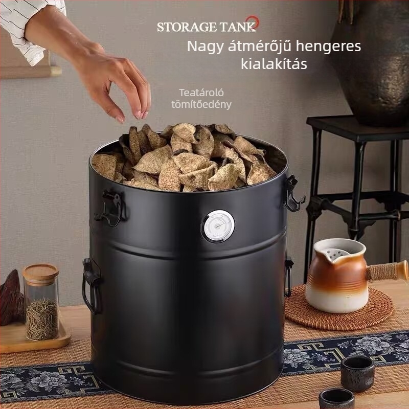 Vastagított rozsdamentes acél tárolóedény higrométerrel, nagy kapacitású, zárható fedéllel, teához, szárított mandarinhéjhoz és kakihoz, rizshez