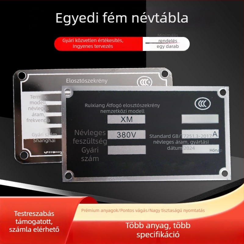 Rozsdamentes acél névtábla ipari berendezésekhez — lézeres jelölés, jelölés gépeknél