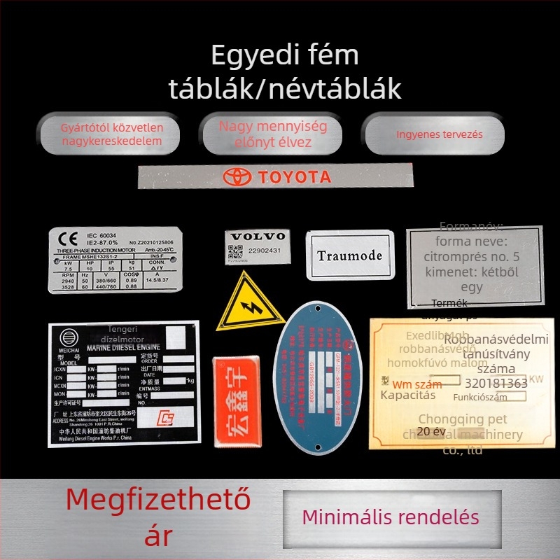 Fém névtábla gépészeti berendezésekhez, rozsdamentes acél, elektroplatolásos nyomtatás, testreszabható