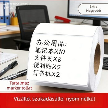 Öntapadós írható címke papír, termikus PP, felület: szintetikus papír, ragasztó: nem száradó, vastagság 75, hosszú távú hőmérséklet-ellenállás 50, forma: téglalap