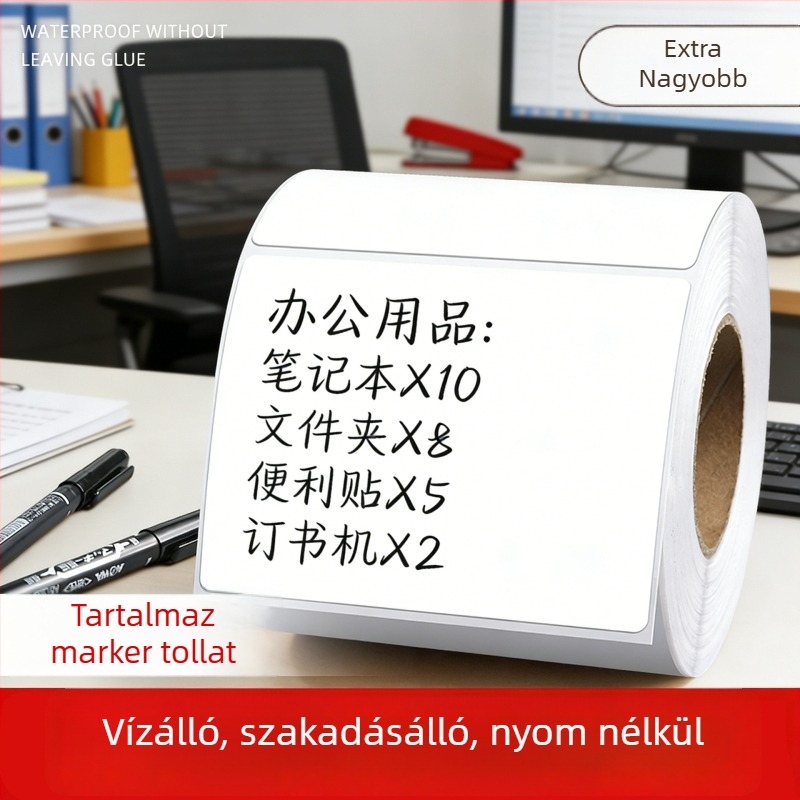 Öntapadós írható címke papír, termikus PP, felület: szintetikus papír, ragasztó: nem száradó, vastagság 75, hosszú távú hőmérséklet-ellenállás 50, forma: téglalap