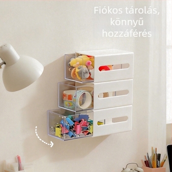 Műanyag falra szerelhető tároló doboz vattapálcikákhoz és kellékekhez, fúrás nélkül, kihúzható fiókkal