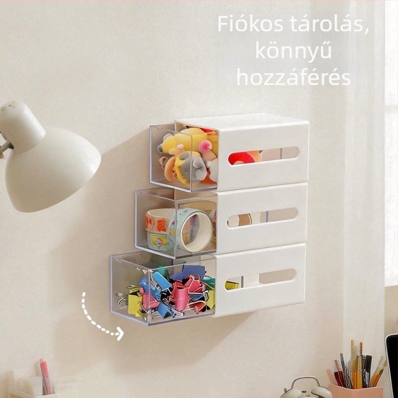 Műanyag falra szerelhető tároló doboz vattapálcikákhoz és kellékekhez, fúrás nélkül, kihúzható fiókkal