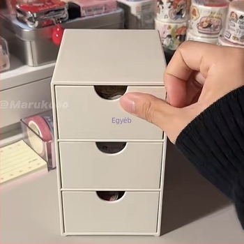 Mini asztali tároló doboz - poliészter, fa mintázat, japán stílus, 2 rekesz, csúszó fedél