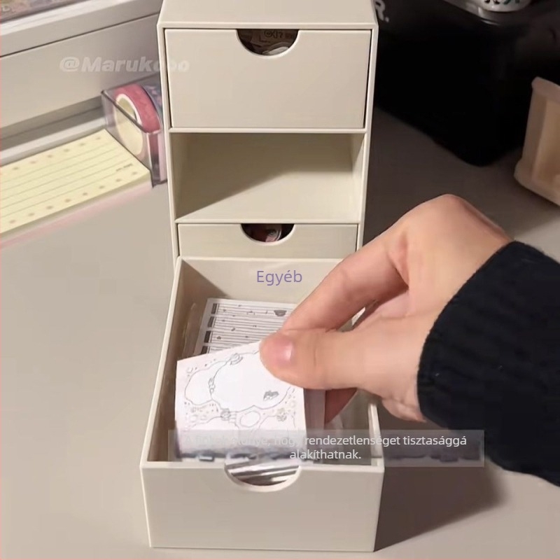 Mini asztali tároló doboz - poliészter, fa mintázat, japán stílus, 2 rekesz, csúszó fedél