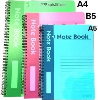 A5 spirálfüzet, 100 oldal, PP borító; B5 színes oldalak; A4 spirálfüzet oldalnyílóval, irodai jegyzetfüzet