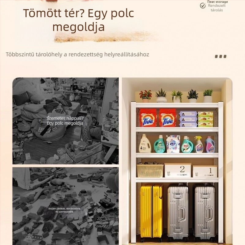 Hatszintes, szabadon álló szénacél tárolóállvány mosókonyhába, konyhába vagy erkélyre (telepítést nem igényel)