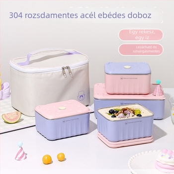 Uzsonnásdoboz 304 rozsdamentes acél belsővel, kétrétegű, négyzet alakú, mikrohullámú sütőben használható (Anyagok: PP + 304 rozsdamentes acél + szilikagél)