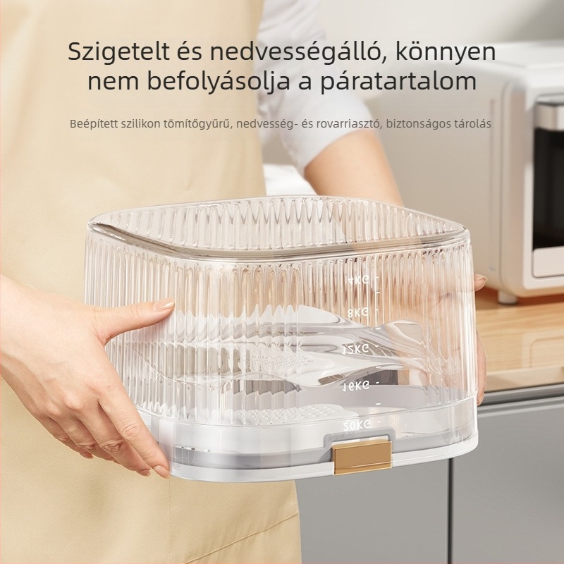 Liszt tároló tartály zárással, nedvesség- és rovarálló, ABS műanyagból, kapacitás 10 L vagy több, élelmiszer-minőség, logó nyomtatása elérhető