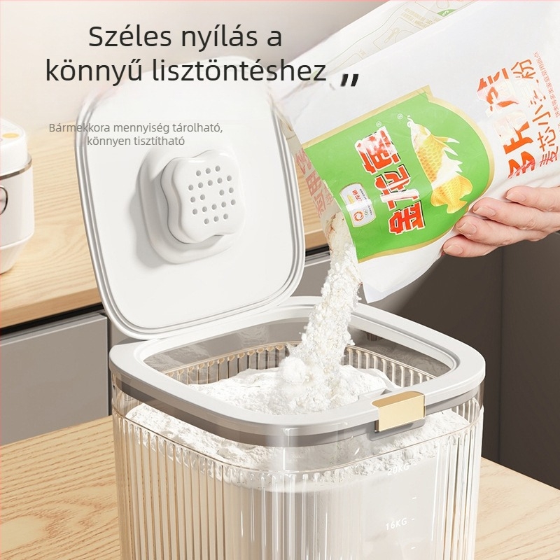 Liszt tároló tartály zárással, nedvesség- és rovarálló, ABS műanyagból, kapacitás 10 L vagy több, élelmiszer-minőség, logó nyomtatása elérhető