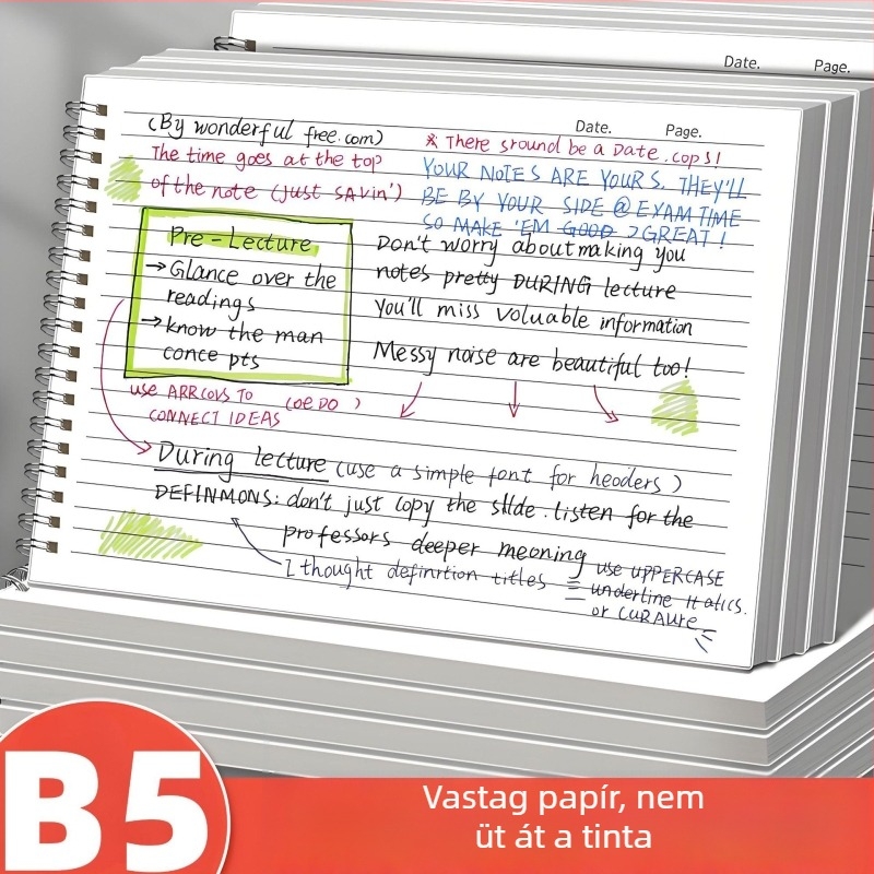 Spirálkötésű jegyzetfüzet B5 méretben, diákok számára, vonalas jegyzetfüzet, egyszerű napló vizsgaidőszakra