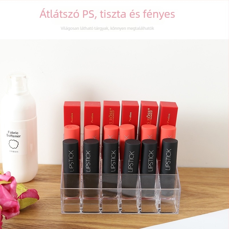 Átlátszó rúzs tároló doboz 24 rekesszel, asztali rendező fedéllel, PS anyagból