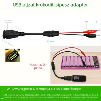 USB-A férfi és női csatlakozóval, aligátor klipszekkel, tiszta réz tesztvezeték akkumulátorokhoz, voltmérő és ampermérő