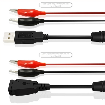 USB-A férfi és női csatlakozóval, aligátor klipszekkel, tiszta réz tesztvezeték akkumulátorokhoz, voltmérő és ampermérő