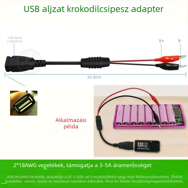 USB-A férfi és női csatlakozóval, aligátor klipszekkel, tiszta réz tesztvezeték akkumulátorokhoz, voltmérő és ampermérő