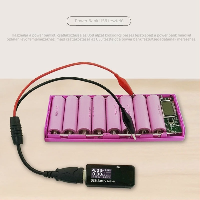 USB-A férfi és női csatlakozóval, aligátor klipszekkel, tiszta réz tesztvezeték akkumulátorokhoz, voltmérő és ampermérő