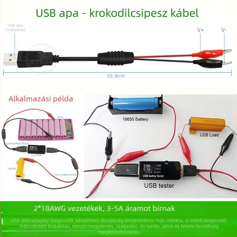 USB-A férfi és női csatlakozóval, aligátor klipszekkel, tiszta réz tesztvezeték akkumulátorokhoz, voltmérő és ampermérő