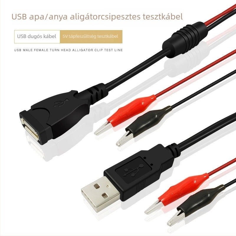 USB-A férfi és női csatlakozóval, aligátor klipszekkel, tiszta réz tesztvezeték akkumulátorokhoz, voltmérő és ampermérő