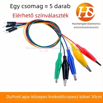 DuPont férfi végű tesztkábel alligátor csipesszel, 30 cm, 5 színű készlet