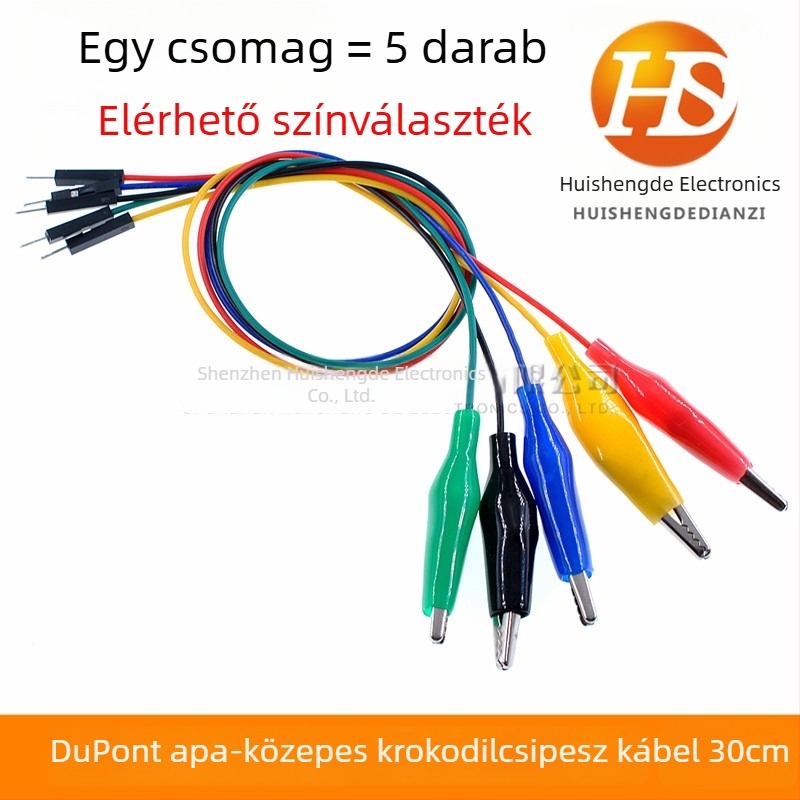 DuPont férfi végű tesztkábel alligátor csipesszel, 30 cm, 5 színű készlet