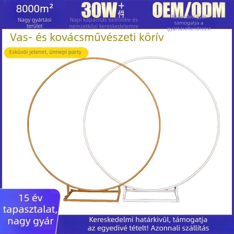 Esküvői kovácsoltvas ív kör alakú gyűrűvel és egykaros tartóval kültéri kerthez (Vas; Esküvő; Testreszabás: Igen; Márka: Winged Bird; Csomagolás: Karton)